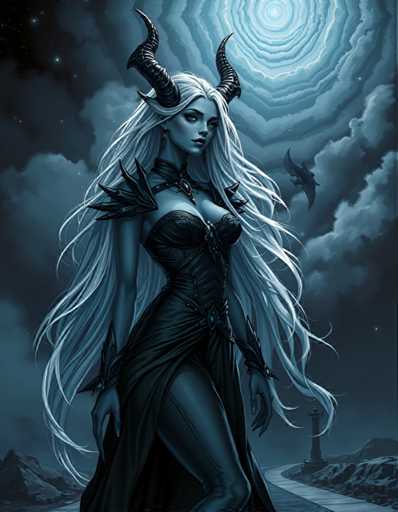 A woman with long blonde hair and horns stands on a cliff overlooking the ocean under a full moon. She is wearing a black dress and has a necklace around her neck. The sky above them is dark blue with white clouds, creating an eerie atmosphere.