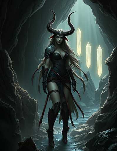A woman with long blonde hair and a large horned head is standing on the left side of the image wearing a black outfit that includes a red belt around her waist. She has a sword in her right hand and is looking towards the camera. The background features dark rocks and cave-like structures, creating an atmosphere of mystery and danger.