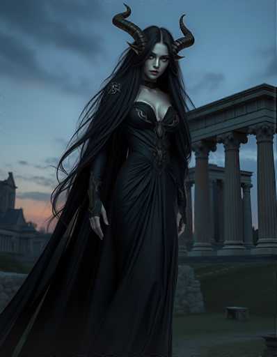 A woman with long dark hair and horns is standing in front of a temple at dusk. She is wearing a black dress that has intricate designs on it. The temple behind her is made of stone and features columns.