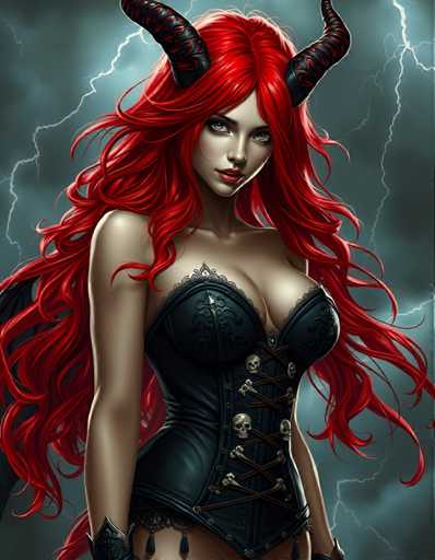A woman with red hair and horns is standing against a dark blue sky with white clouds. She is wearing a black corset and has a skull design on her chest. The background features lightning bolts in the distance.