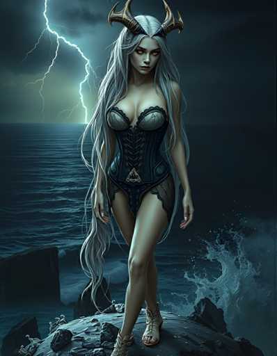 A woman with long blonde hair and horns stands on a rock overlooking the ocean during a stormy night. She is wearing a corset and boots, suggesting she may be a witch or a powerful figure from mythology. The dark blue sky above her is filled with lightning bolts, creating an intense and dramatic atmosphere.