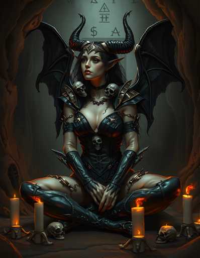 A woman with long dark hair and a black dress is depicted sitting on the ground surrounded by candles and skulls. The candles have a yellow flame, and the skull decorations suggest a dark or eerie theme.