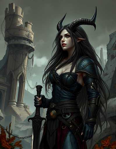 A woman with long dark hair and a sword stands in front of an old castle, wearing a blue dress and holding the sword in her right hand while gazing at something off-frame to her left.