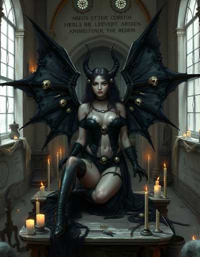 The image depicts a woman with wings and horns seated at a table surrounded by candles and other objects. The woman is wearing a black dress and has long hair. She appears to be in a state of deep contemplation or prayer.