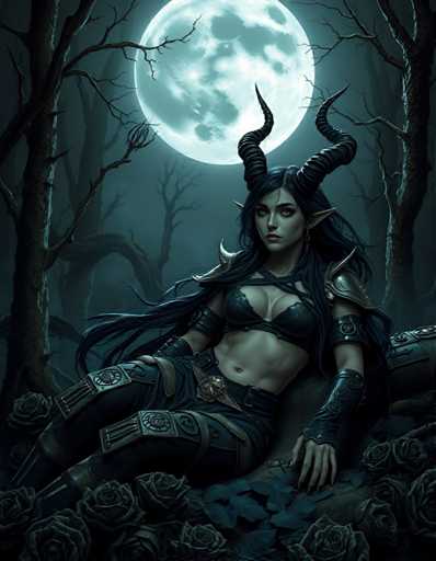 A woman with long dark hair and horns is depicted sitting on a rock surrounded by roses in the center of an illustration set against a backdrop of trees under a full moon.