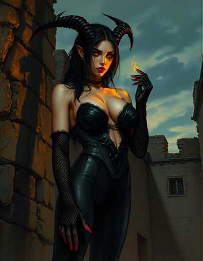 A woman with long dark hair and red nail polish is standing against a stone wall on the left side of the image. She is wearing a black outfit that includes a corset and gloves. The background features a castle-like structure made of stone, suggesting an old or historical setting.