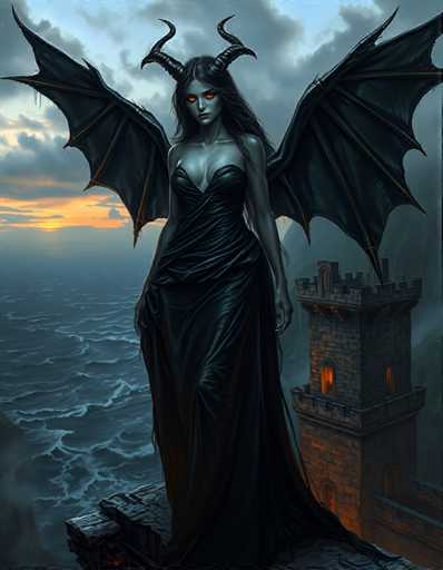 A woman with long dark hair and large horns stands on a cliff overlooking the ocean at sunset. She is wearing a black dress that contrasts with her surroundings. The sky above her is painted in shades of orange and pink, indicating the setting sun. In the background, there is a castle-like structure made of stone, adding to the eerie atmosphere of the scene.
