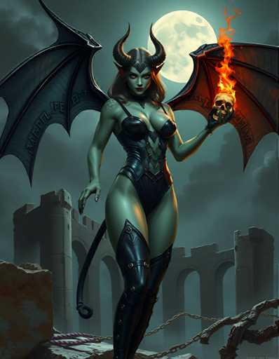 A woman with green skin and red hair is depicted as a witch standing on a cliff overlooking a castle. She holds a burning skull above her head while wearing a black outfit that includes a corset and boots. The background features a castle under a full moon, creating an eerie atmosphere.