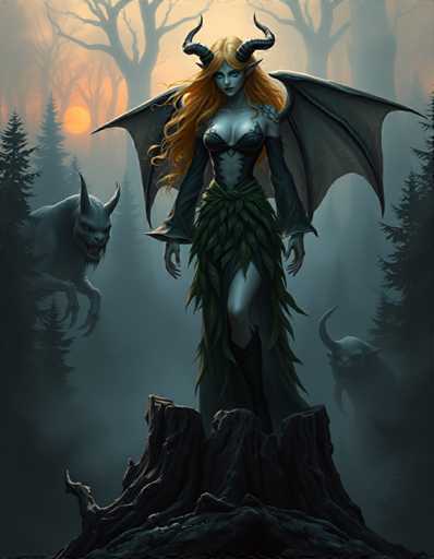 A woman with long red hair and a green dress stands on top of a tree stump in a dark forest, facing the camera directly. The background is filled with trees and bushes, creating an eerie atmosphere.