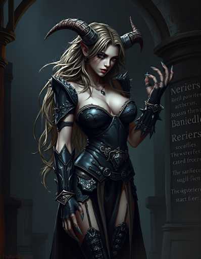 The image depicts a woman with blonde hair and long bangs wearing a black outfit adorned with gold accents. She is standing in front of a stone archway that has the inscription "Neriers" on it. The background is dark and shrouded in shadows, creating an atmosphere of mystery and intrigue.