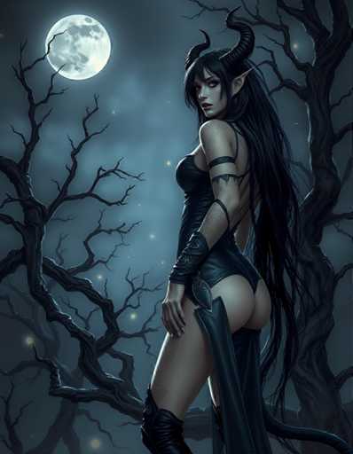 A woman with long dark hair and horns stands in a forest at night, wearing a black dress and holding a sword. The background is filled with trees and the moonlight illuminates her figure against the darkness of the night sky.