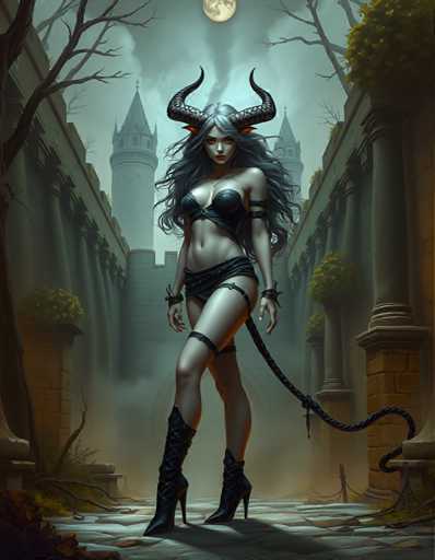 A woman with long dark hair and large horns is standing on a cobblestone street surrounded by stone buildings and trees. She is wearing a black dress and high heels, and there is a castle in the background.