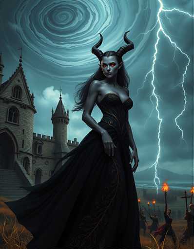 The image depicts a woman with long dark hair and horns standing in front of an old castle on a stormy night. The castle is surrounded by a moat filled with water, adding to the dramatic atmosphere. Several figures can be seen in the background, suggesting that this scene takes place during a battle or some form of conflict.