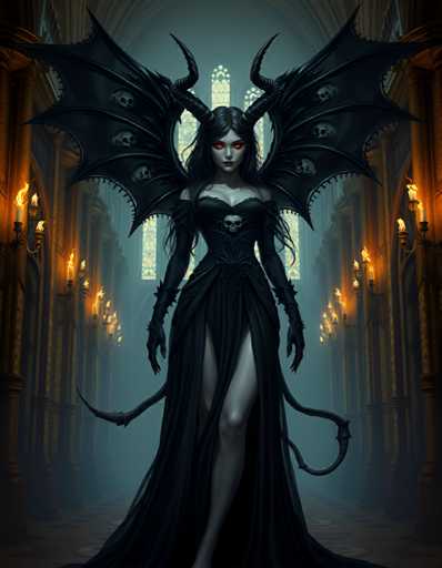 A woman with long dark hair and red eyes is standing in a hallway adorned with candles on either side of her. She is wearing a black dress that reaches down to her knees, and she has wings on her back. The background features a large window with stained glass, allowing light to filter into the room.
