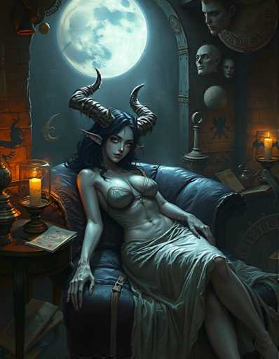 The image depicts a woman with large horns seated on a couch, wearing a white dress and holding a book. The room is dark and features a large window that allows the moonlight to illuminate the scene. A clock can be seen in the background, suggesting the time of day or night.