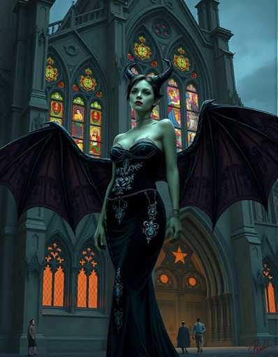 The image depicts a woman with wings and horns standing in front of an ornate Gothic church. The woman is wearing a long black dress adorned with intricate gold embroidery on the bodice and corset. She has her arms crossed over her chest and her head tilted to one side, giving off an air of confidence and elegance. In the background, there are two figures walking towards the right side of the image, adding depth and context to the scene. The church itself is a magnificent example of Gothic architecture, with its tall spires reaching towards the sky and stained glass windows that add color and light to the interior.