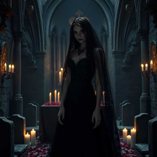 A woman stands alone in a dimly lit room with stone walls and arches, wearing a black dress and veil that falls over her shoulders. The room is filled with candles, casting long shadows on the stone floor. A table draped in a white cloth sits at the center of the room, adorned with red flowers.