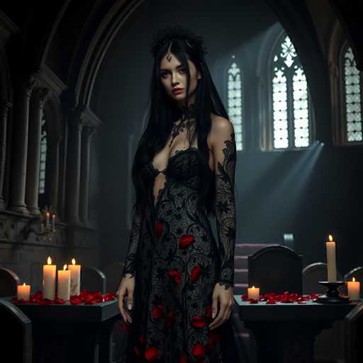 A woman stands in front of a table with candles and rose petals on it, wearing a black dress adorned with red roses. The room is dimly lit, creating an atmosphere of mystery and intrigue.