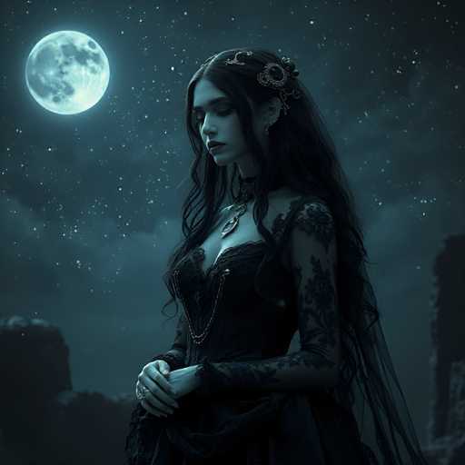 A woman with long dark hair wearing a black dress and a gold necklace stands alone under the light of a full moon on a rocky cliff face.