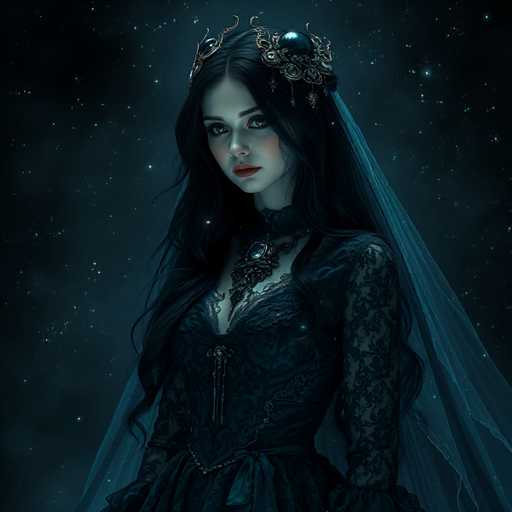 A woman with long dark hair is standing against a backdrop of stars and clouds. She is wearing a black dress adorned with gold accents and a crown on her head. The image has a digital or computer-generated quality to it, giving it an ethereal and dreamlike feel.