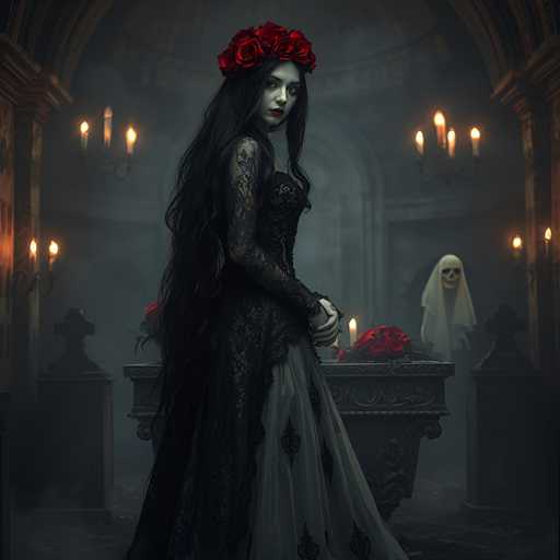 The image depicts a woman with long dark hair wearing a black lace dress and holding a rose in her hand. She is standing in front of a table adorned with candles and flowers, which adds an air of mystery to the scene. In the background, there are two figures - one dressed in white and the other in black. The room has a Gothic architectural style, characterized by arches and columns that contribute to its eerie atmosphere.