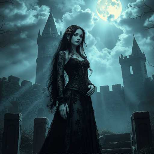 A woman stands in front of a castle with a large moon behind it, wearing a black dress and holding a sword.