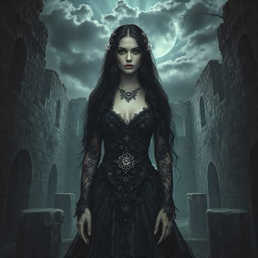 The image depicts a woman standing in front of an old stone building with multiple arched windows and doors. The woman is wearing a long black dress adorned with lace sleeves and a large necklace. She has her hands clasped together in front of her, facing the camera directly. The background features a dark sky filled with clouds, creating a sense of mystery and intrigue.