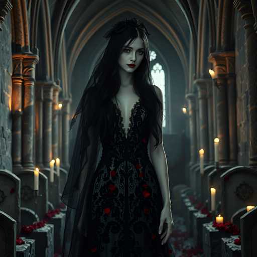A woman stands in front of a large window with stained glass, wearing a black dress adorned with red flowers and a black veil. The room is filled with candles that cast an eerie glow on the stone walls and columns, creating an atmosphere of mystery and darkness.