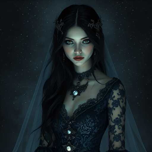 A woman with long dark hair is the central figure in this digital illustration. She is wearing a black dress adorned with lace and has her hair styled in an elegant updo. The background of the image is dark blue, which contrasts with the woman's attire and accentuates her presence. The woman appears to be looking directly at the camera, creating a sense of connection between the viewer and the subject.