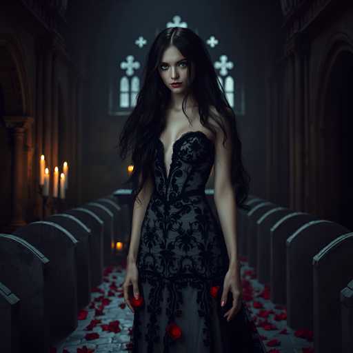 A woman stands in front of a church with her back to the camera, wearing a black dress with red flowers and holding a bouquet of roses. The church has a large window on its right side that reflects light onto the scene below.