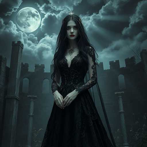 A woman stands in front of a castle with a large moon behind it. She is wearing a black dress and has long dark hair that falls down her back. The castle features multiple windows and doors, suggesting an old or abandoned structure.