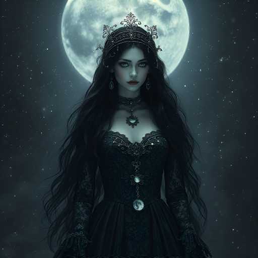 A woman with long dark hair is standing against a backdrop of a full moon and stars. She is wearing a black dress adorned with gold accents and a crown on her head. The image has a digital or 3D style to it, giving the impression that she is in front of a large screen or projection.