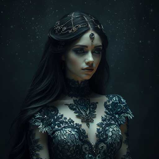 A woman with long dark hair is the central figure in this image. She is wearing a black dress adorned with intricate lace designs and a gold crown on her head. The background of the image is dark and filled with stars, creating an ethereal atmosphere around the woman.