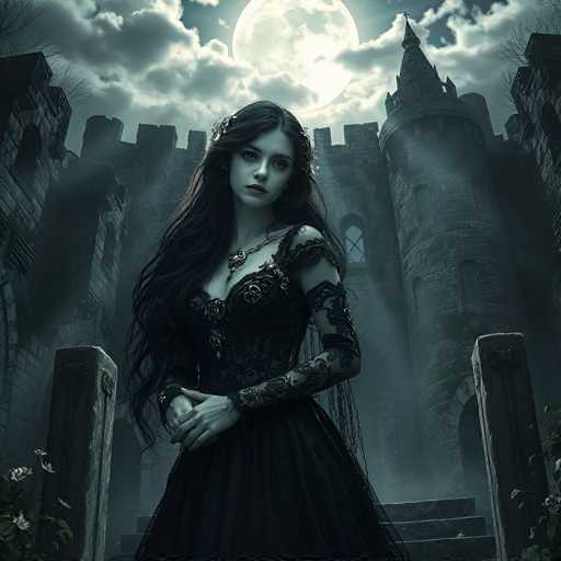 A woman with long dark hair stands in front of a castle made of stone and surrounded by foggy moors. She is wearing a black dress adorned with gold accents and has a crown on her head. The sky above the castle is filled with clouds, creating an eerie atmosphere.