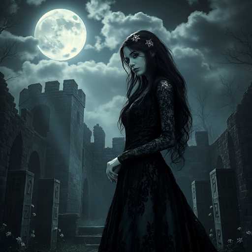 The image depicts a woman standing alone in front of an old stone castle with a moat and battlements. The woman is wearing a long black dress and has her hair styled in loose waves. She is looking off to the side, as if lost in thought or perhaps observing something beyond the frame.