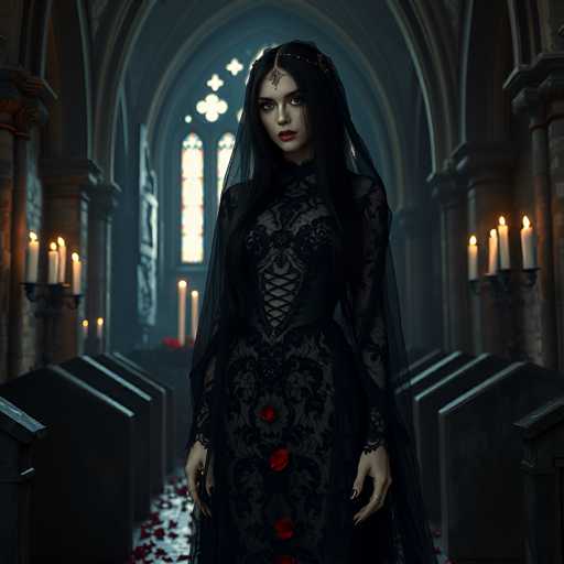 A woman stands in front of a large window with stained glass, wearing a black dress and veil that is adorned with red flowers. The room has a dark color scheme, with candles casting a warm glow on the stone walls and floor.