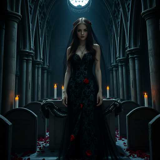 A woman stands in front of a tombstone with candles on it, wearing a black dress and veil. The tombstone is surrounded by flowers and the walls are made of stone.