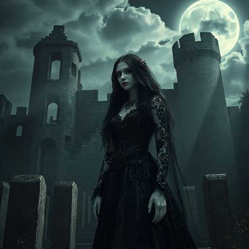 The image depicts a woman standing in front of an old castle with a large moat and towers on either side. The woman is wearing a long black dress adorned with lace sleeves and a headpiece that includes a crown. The sky above the scene is dark blue, suggesting it might be nighttime or during twilight hours.