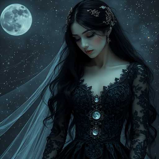 The image depicts a woman with long dark hair wearing a black dress adorned with lace and jewels. She is looking off into the distance under a full moon, which casts an ethereal glow on her face. The background features a starry night sky, adding to the overall mystical atmosphere of the scene.