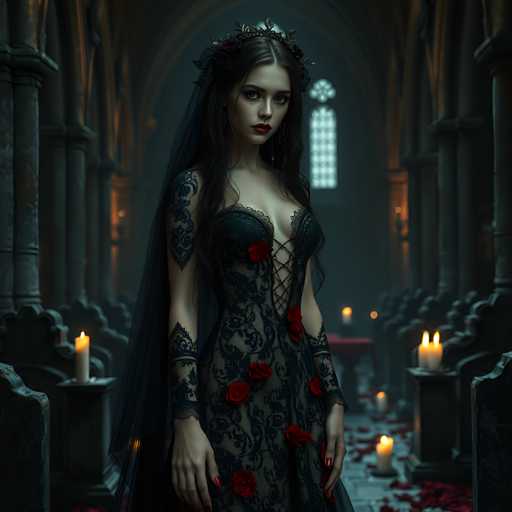 A woman stands in a dimly lit room with stone columns and arches, wearing a black lace dress adorned with red roses and a crown on her head. She holds a candle in her right hand while gazing directly at the camera.