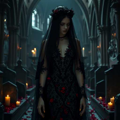 A woman stands in a church with her hands clasped together and a veil covering her face, wearing a black dress adorned with red flowers. The church has tall columns and arches, creating an atmosphere of solemnity and reverence.