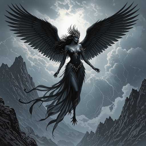 The image depicts a woman with wings and a crown standing on a mountain peak against a cloudy sky. The woman is wearing a black dress adorned with gold accents and has long hair flowing down her back. She holds a staff in one hand and a shield in the other.