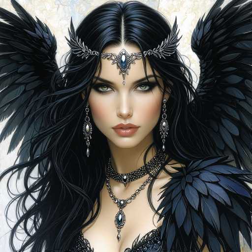 The image depicts a woman with long dark hair wearing a black dress and a crown of feathers on her head. She is looking directly at the camera with an intense gaze. The background features a white wall adorned with black feathers, which complements the overall dark theme of the image.