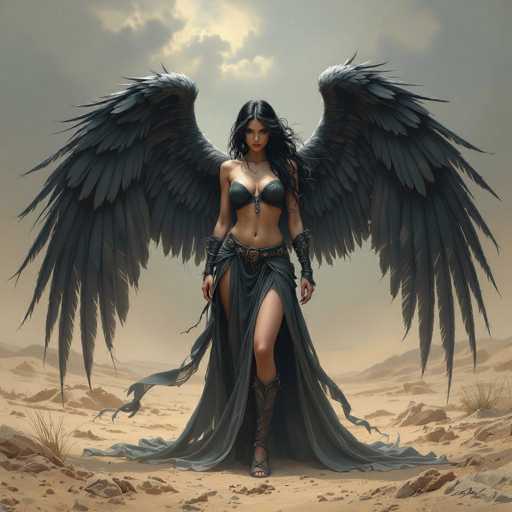 A woman with long black hair and wings is standing on a rocky outcropping in the desert wearing a long dress and holding a staff.