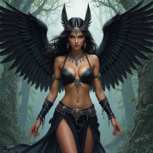 A woman with long dark hair and a black dress adorned with gold accents stands in front of a forest filled with trees and foliage. She wears a large headdress decorated with feathers and intricate designs, and her wings are spread wide as if ready to take flight.