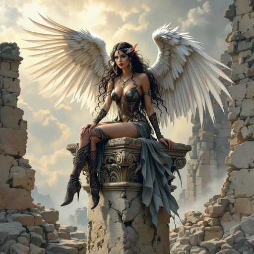A woman with long dark hair and wings is seated on a stone pillar in the center of an ancient ruins scene. She wears a black dress and gold jewelry, and her wings are spread wide as if ready to take flight. The ruins around her include large rocks and rubble, suggesting a place that has been abandoned or forgotten over time.