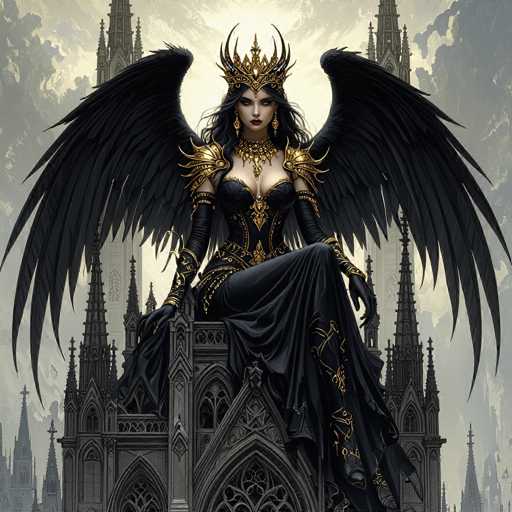 The image depicts a woman with long black hair and wings, wearing a black dress adorned with gold accents. She is seated on a throne-like structure, which appears to be part of an architectural design inspired by Gothic or medieval styles. The background features a castle-like structure surrounded by clouds, creating a sense of mystery and intrigue.