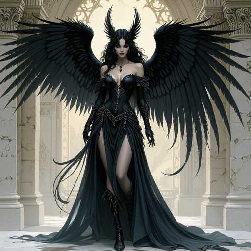 A woman with long black hair and wings is depicted wearing a black dress and boots, standing in front of an archway or doorway that leads into the background.