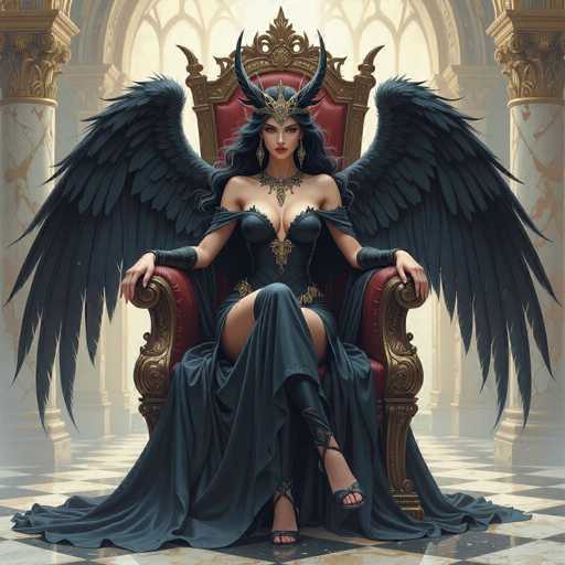 The image depicts a woman with long dark hair and wings, wearing a black dress and gold jewelry. She is seated on a red chair within an ornate room, which features columns and arches in the background. The overall style of the artwork appears to be Gothic or medieval, characterized by intricate details and a sense of grandeur.