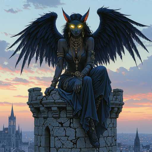 The image depicts a dark figure with wings and horns perched atop a stone tower. The figure is wearing a long dress and has a necklace around their neck. The tower appears to be made of stone or concrete blocks, and the background features a cityscape with buildings illuminated by lights against an orange sky.